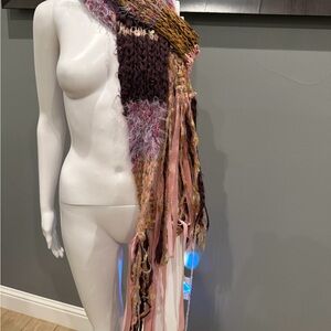 Boho Handmade Textured Knit Scarf w/ Ribbon & Yarn Fringe – Pink Brown Multi